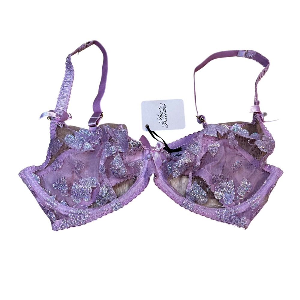 Agent Provocateur Milena Bra Pink 36D Lace Sheer Glitter Bows Demi Cup